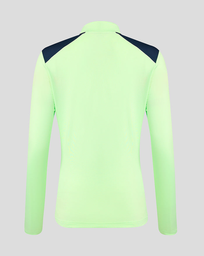 Back view of neon green performance midlayer top with dark navy shoulder panels.