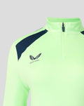 Front view of neon green midlayer top with navy shoulder panels and half zip at the neck, chest crest.