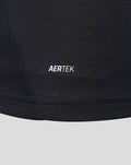Close-up of textured black jersey fabric with the AERTEK logo visible