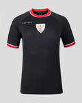 Front view of a black away short sleeve jersey with a crest on the chest and red trim at the collar and sleeves.