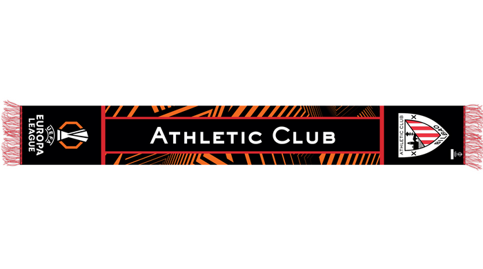 Black Athletic Club scarf with orange geometric pattern and Europa League emblem on one end and the club crest on the other