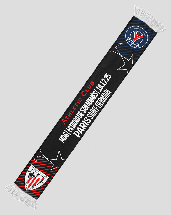 Diagonal woven scarf featuring Paris Saint Germain crest and Athletic Club branding on black fabric