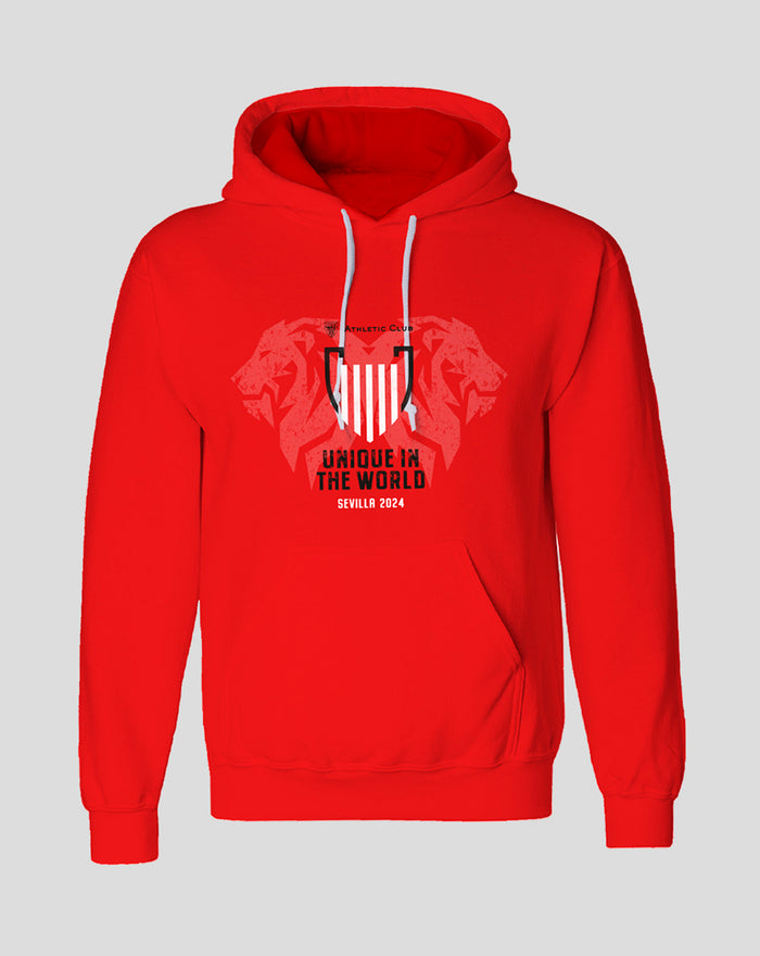 Red youth hoodie with Copa Sevilla 2024 crest and front emblem