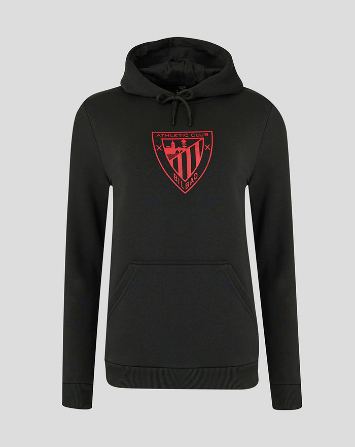 Black Athletic Club Core hoodie for women with red crest emblem on chest and hood