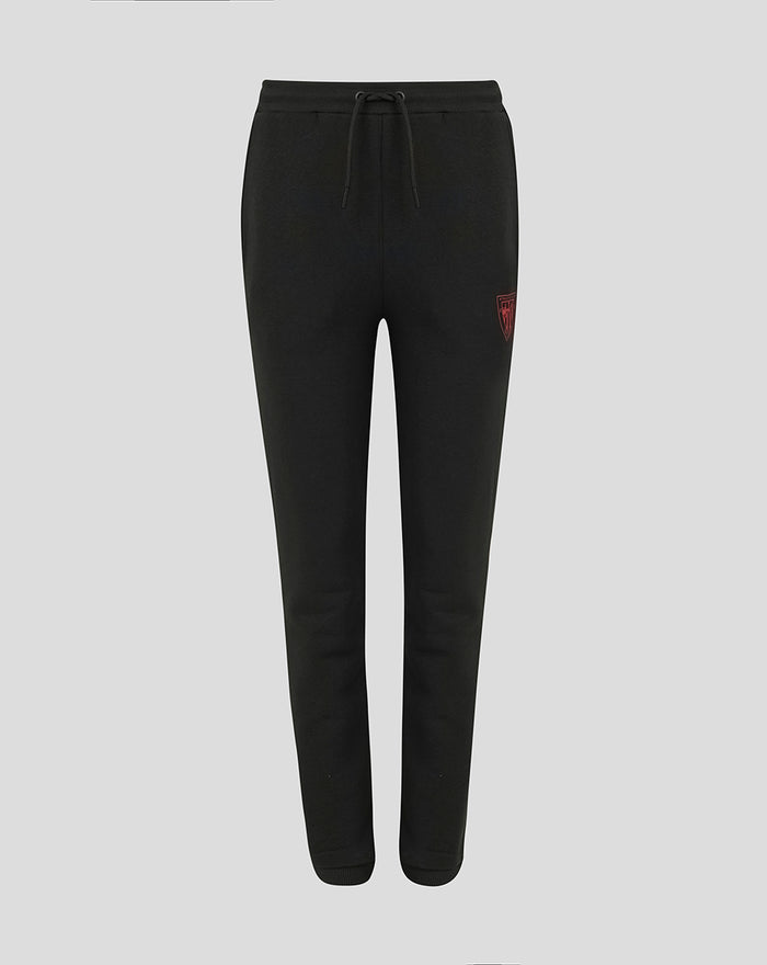 Black athletic joggers with a red crest on the thigh and a drawstring waistband