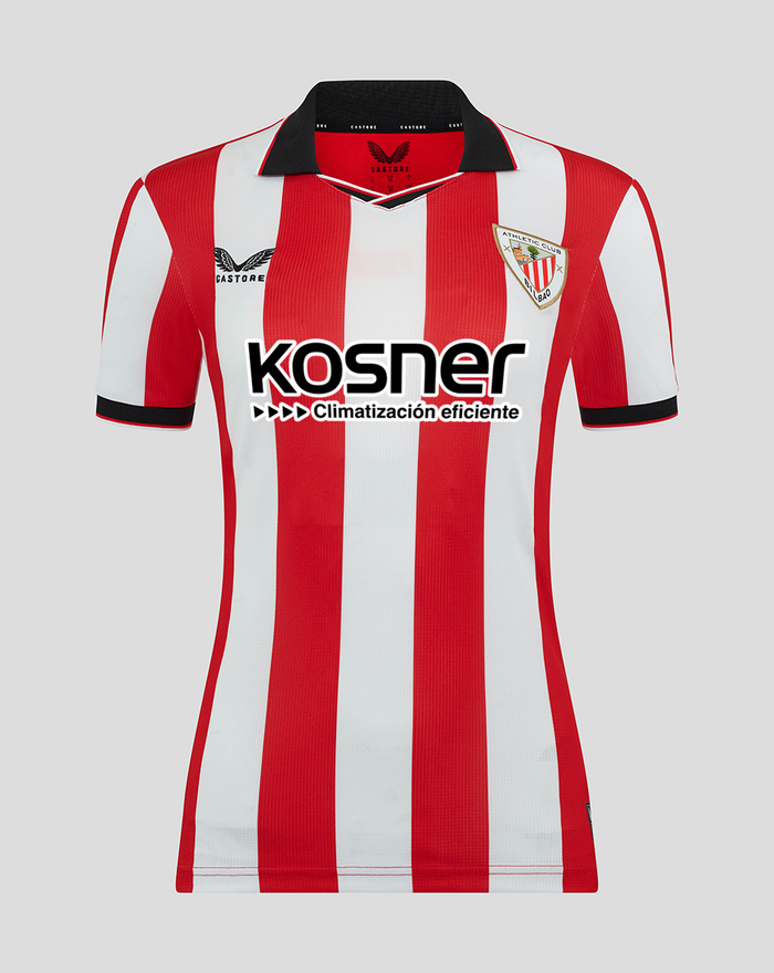 Front view of red and white striped Athletic Club soccer jersey with crest on the left chest and sponsor logo across the front