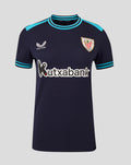 Womens Athletic Club Away Short Sleeve Shirt navy with turquoise striped knitted collar and cuffs, contrast tipping on shoulders and cuffs, crest left chest and Castore logo right chest.