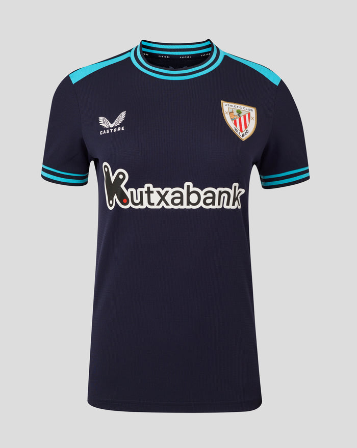 Womens Athletic Club Away Short Sleeve Shirt navy with turquoise striped knitted collar and cuffs, contrast tipping on shoulders and cuffs, crest left chest and Castore logo right chest.