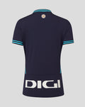 Back view of navy Womens Athletic Club Away Short Sleeve Shirt showing turquoise trimmed sleeves and collar and large DIGI sponsor text across the lower back.