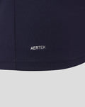Close up of navy fabric showing AerTek branding near the hem.