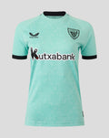 Front view of turquoise Athletic Club third shirt with Kutxabank sponsor Castore logo on right chest and club crest on left chest