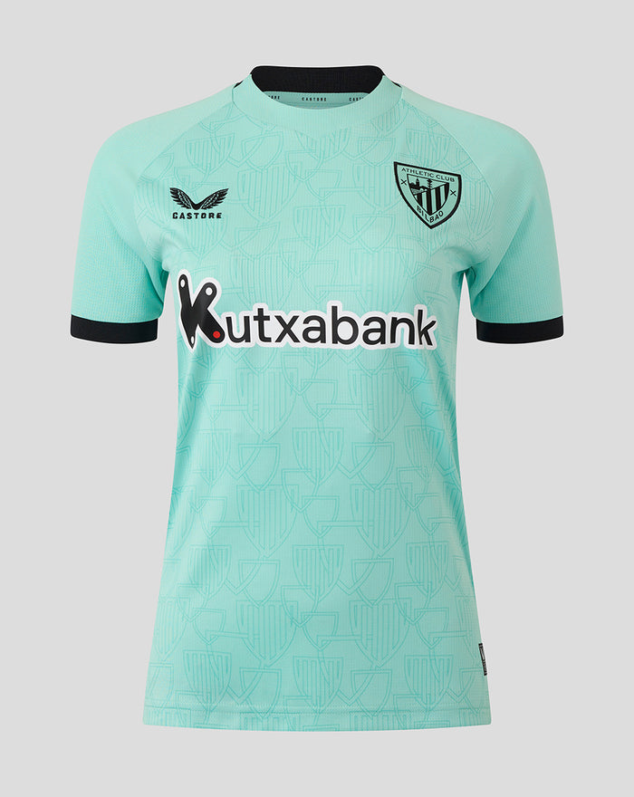 Front view of turquoise Athletic Club third shirt with Kutxabank sponsor Castore logo on right chest and club crest on left chest