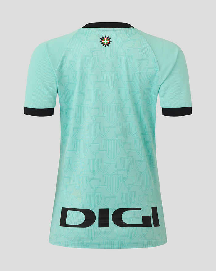 Back view of turquoise Athletic Club third shirt showing crest on upper back and bold branding along the lower back