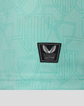 Close up of turquoise AerTek fabric showing a subtle geometric pattern.
