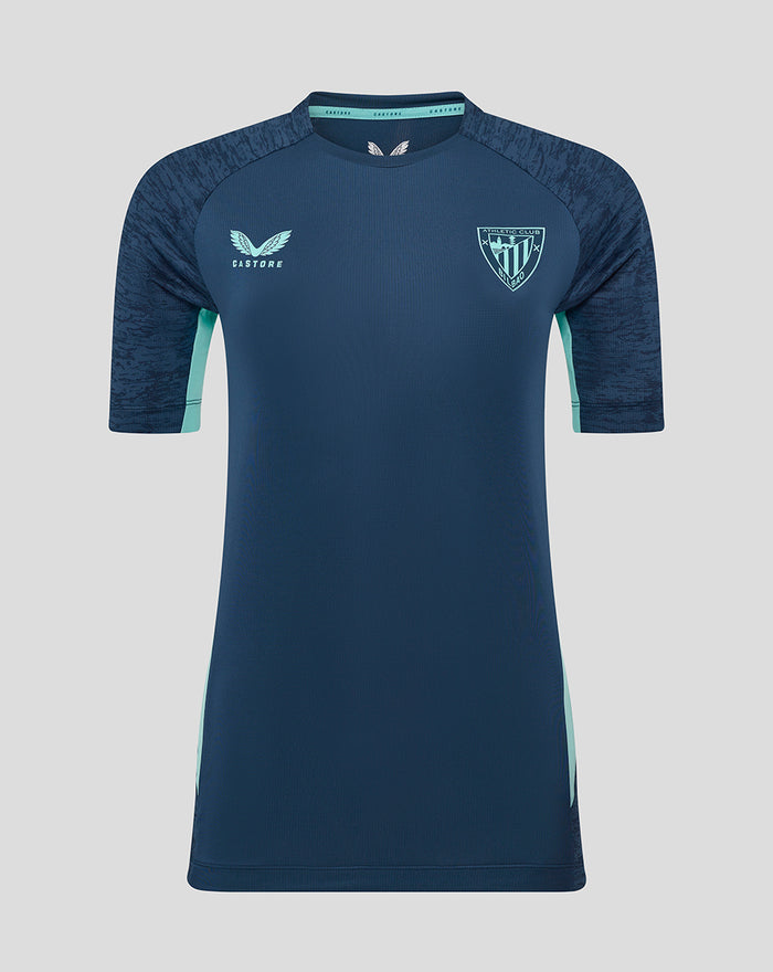 Front view of women’s Athletic Club performance short sleeve tee in teal with left chest crest and right chest Castore logo.