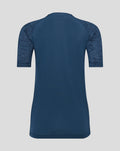 Back view of a navy Athletic Club performance tee with marled sleeves and light teal side panels.