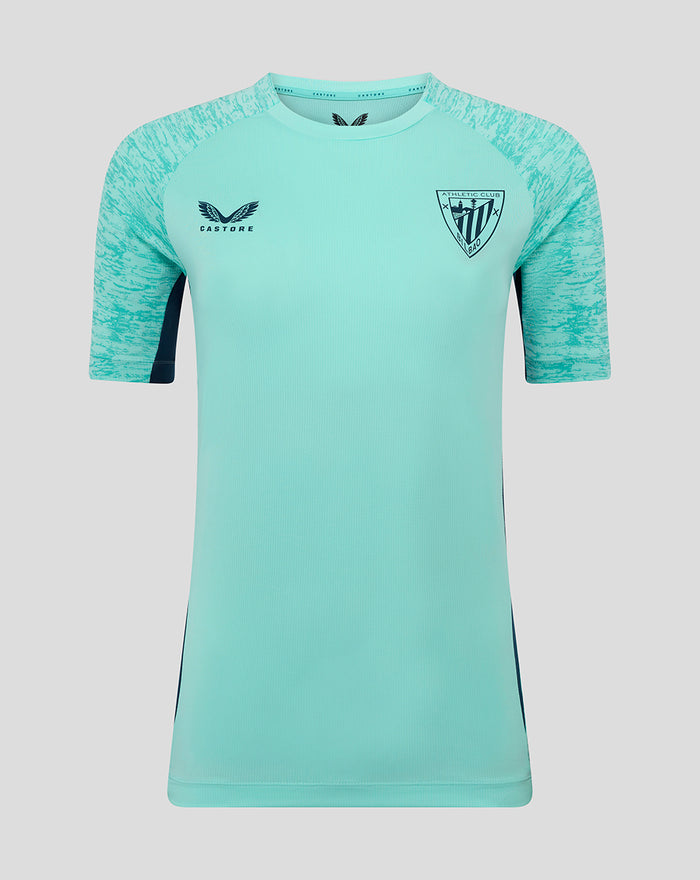 Women's teal Athletic Club performance short sleeve tee with crest on chest and Castore logo