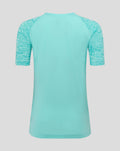 Back view of turquoise Athletic Club women’s short sleeve tee with marled sleeves and dropped hem.