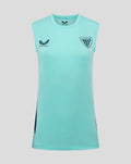 Turquoise sleeveless performance tee for women with athletic club crest and Castore logo