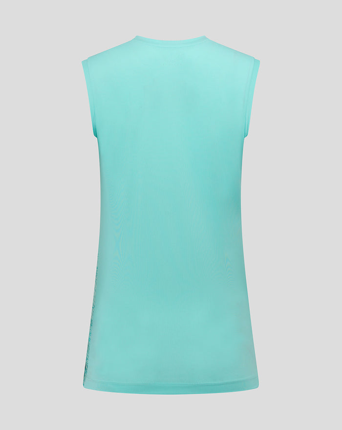 Back view of turquoise Athletic Club performance sleeveless tee for women