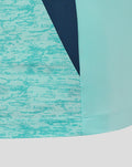 Turquoise athletic sleeveless tee with teal marbled panel and a navy diagonal stripe.