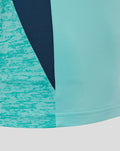 Close up of teal and navy color block fabric from an Athletic Club performance midlayer top