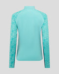 Back view of turquoise athletic club midlayer top with patterned sleeves.