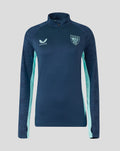 Front view of navy Athletic Club Performance Midlayer Top with Aruba blue side panels and crest on chest