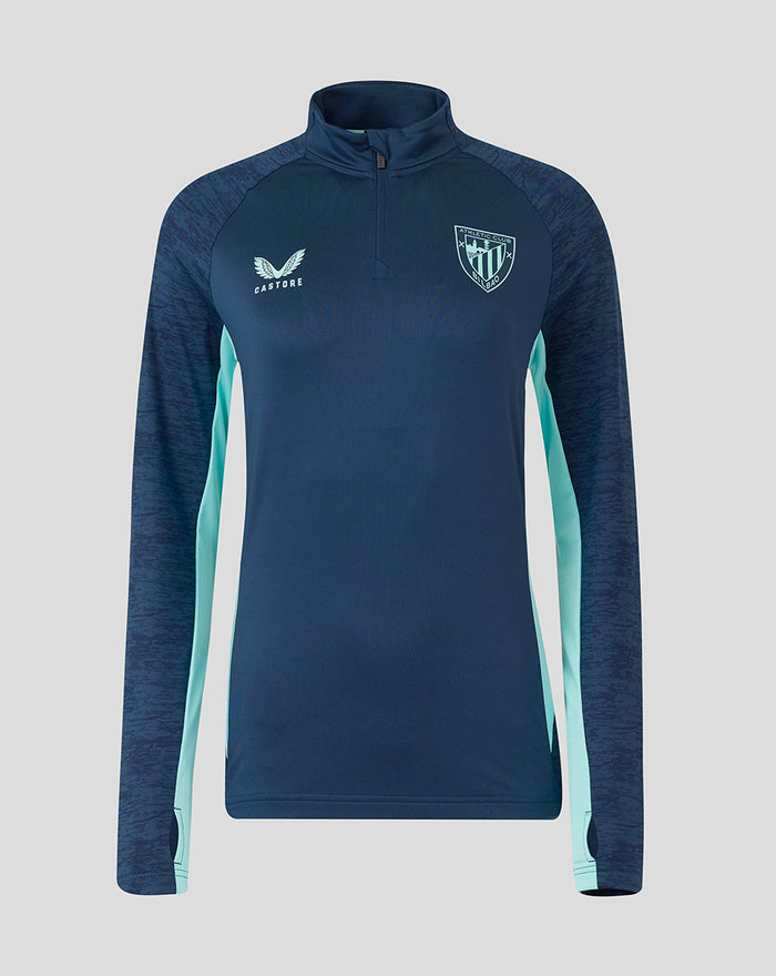 Front view of navy Athletic Club Performance Midlayer Top with Aruba blue side panels and crest on chest