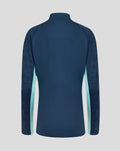 Back view of junior Athletic Club performance midlayer top in Aruba Blue with teal side panels and long sleeves