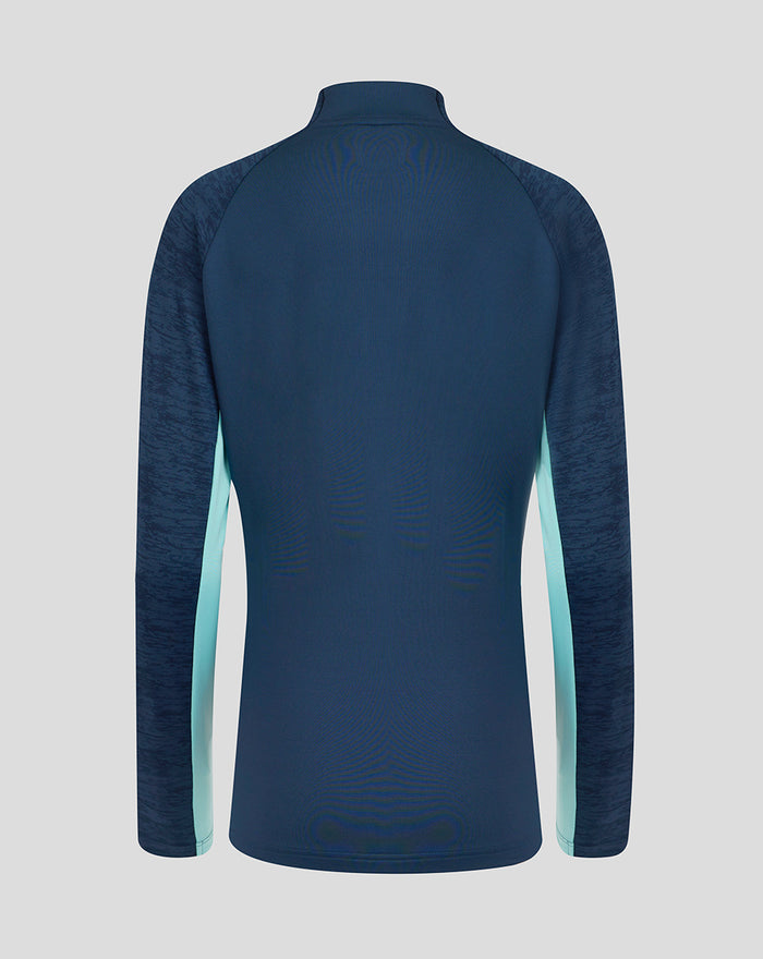Back view of junior Athletic Club performance midlayer top in Aruba Blue with teal side panels and long sleeves