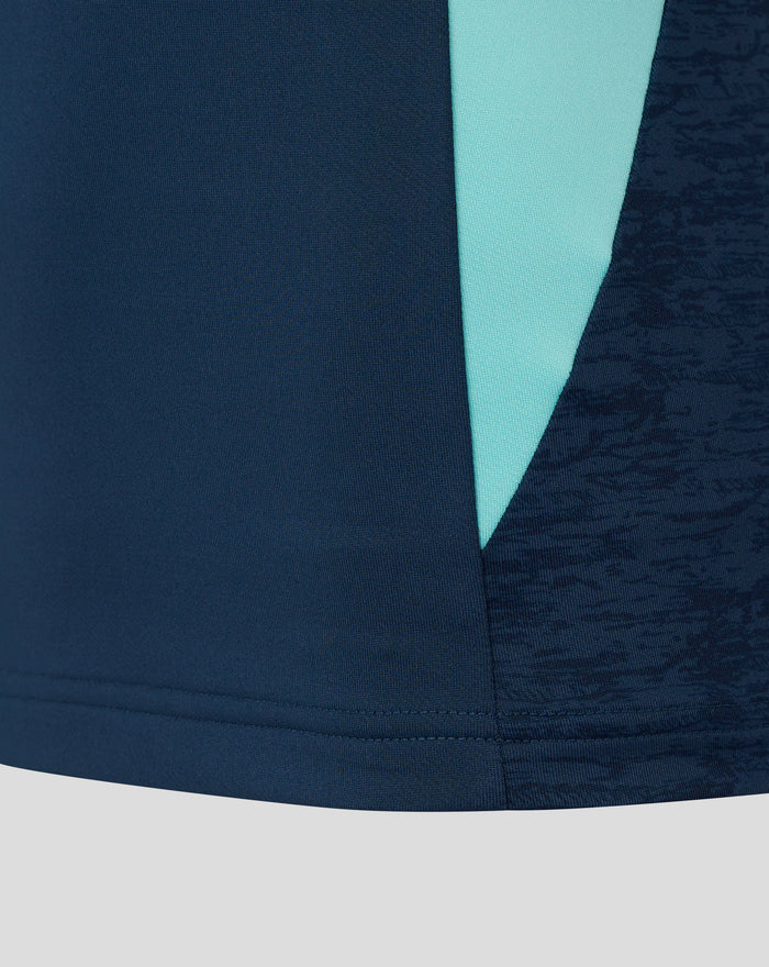 Close-up of the zip collar on a navy midlayer showing textured sleeves and neck seam