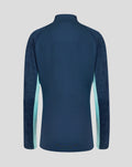 Back view of navy athletic club performance midlayer top with teal side panels and long sleeves