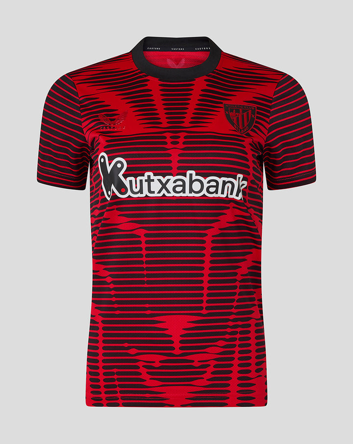 Athletic Club 4th short sleeve women's jersey red and black pattern with crest on chest and Kutxabank logo
