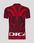 Back view of Athletic Club 4th short sleeve women's jersey with red and black pattern and crest at upper back