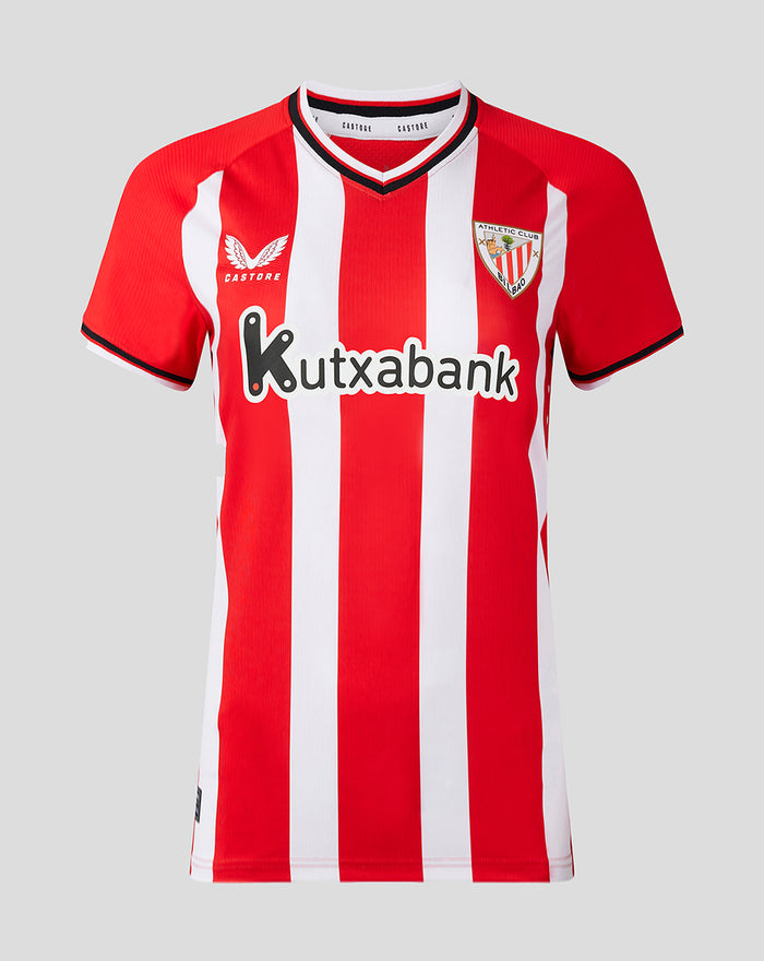 Front view of red and white striped replica home jersey with club crest and Kutxabank sponsor