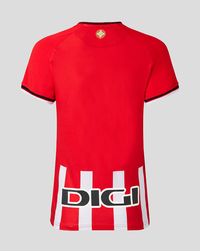 Back view of red replica home jersey with circular neck badge and white stripe details