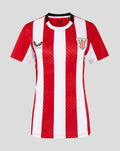 Front view of a women's pro 24/25 home short sleeve shirt with bold red and white vertical stripes and a club crest