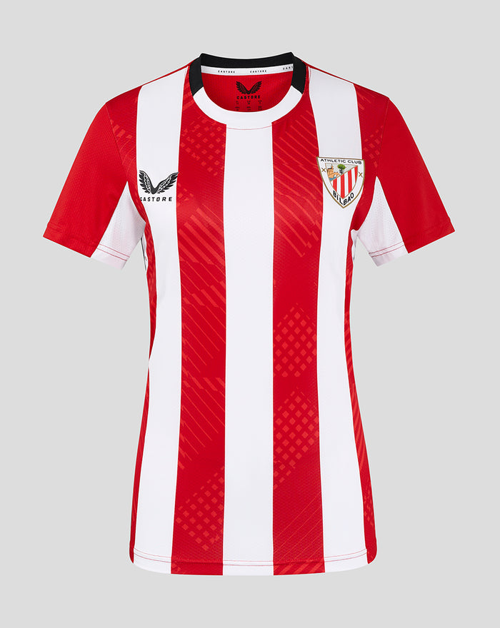 Front view of a women's pro 24/25 home short sleeve shirt with bold red and white vertical stripes and a club crest