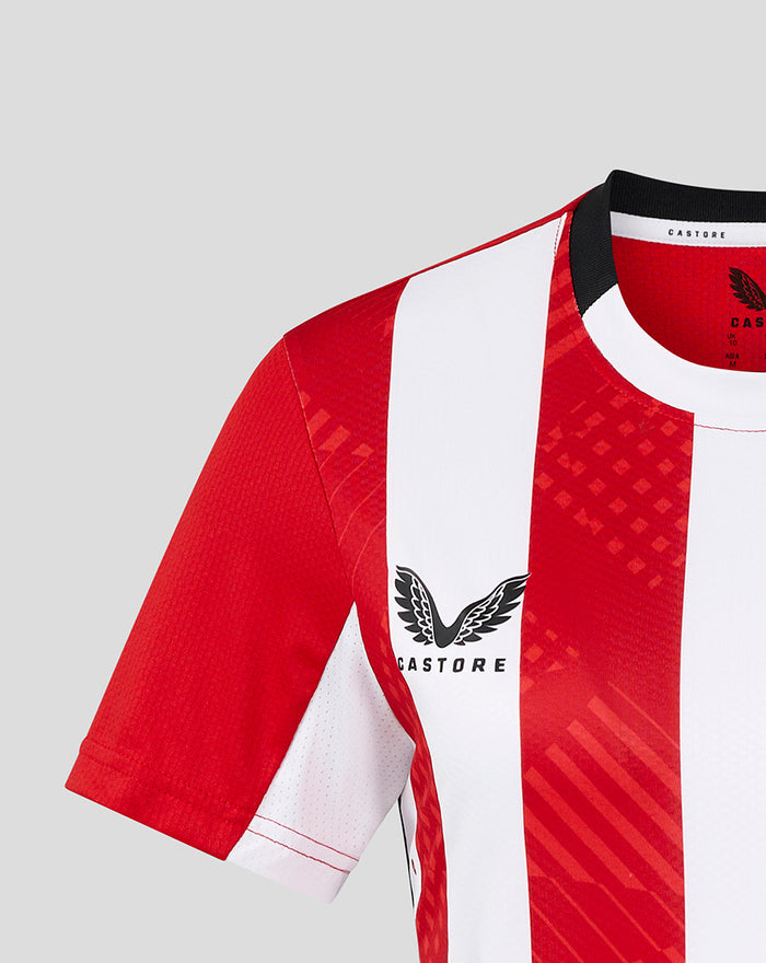 Front close up of the red and white striped women's home shirt with crest on the left chest