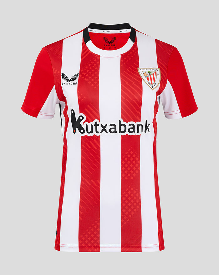 Women's Home Short Sleeve Shirt with red and white vertical stripes and club crest on the chest