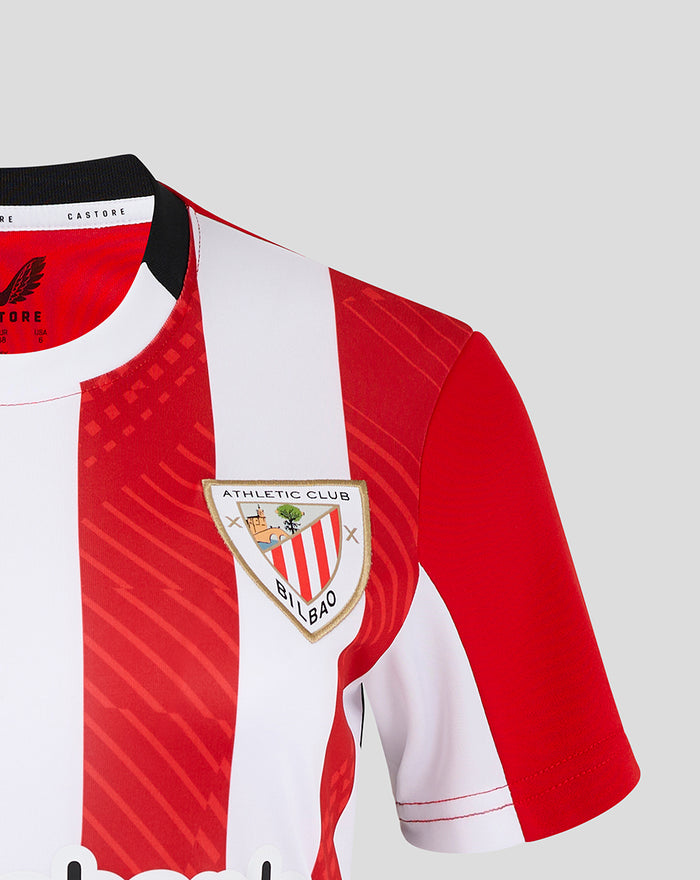 Shoulder view of red and white striped home shirt featuring Athletic Club Bilbao crest.