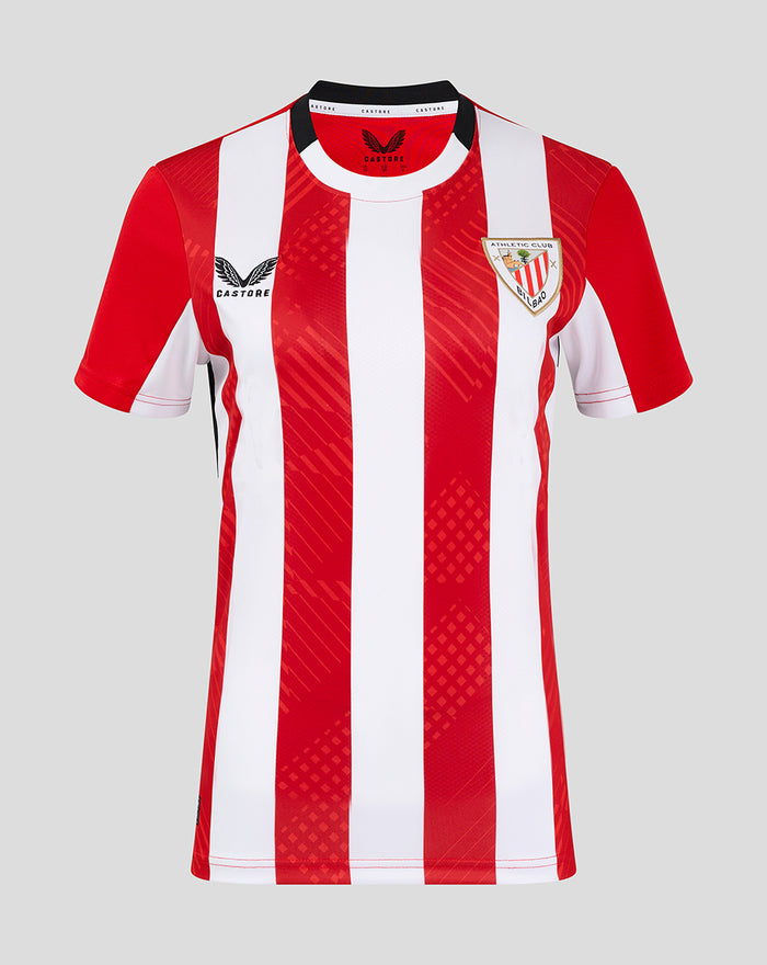 Women’s home short sleeve jersey with bold red and white vertical stripes and a club crest on the chest