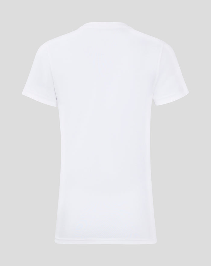 Back view of white women's core crest tee