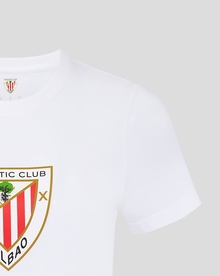 Front graphic close up on the white tee showing the lower portion of the Athletic Club Bilbao crest
