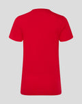 Back view of red women's crest tee with a plain back.