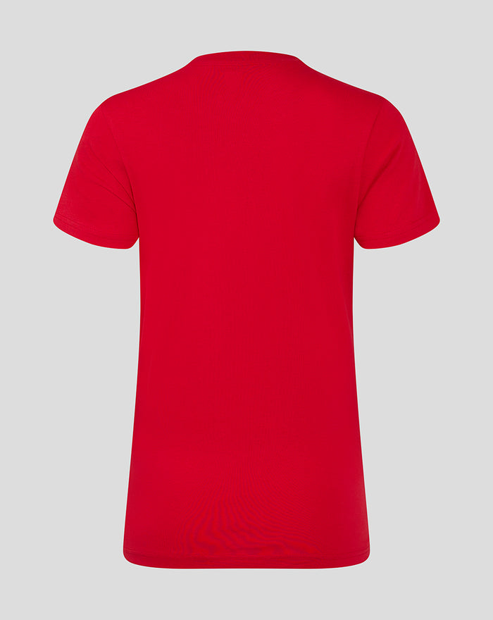 Back view of red women's crest tee with a plain back.
