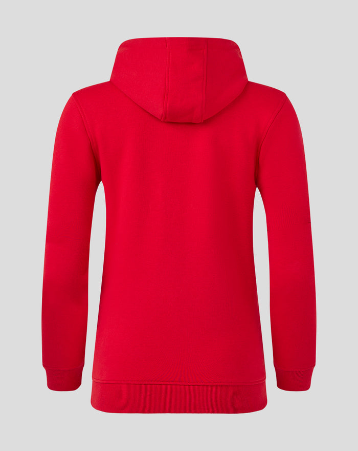 Back view of red women's core hoodie with hood and ribbed cuffs