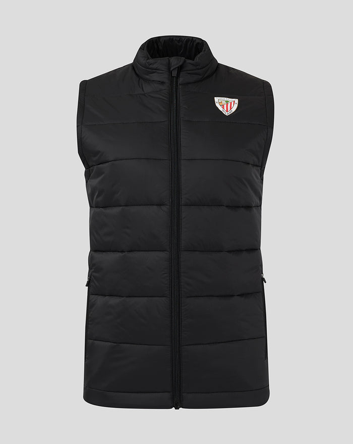 Black padded sleeveless vest with a full-length zipper and crest patch on the chest