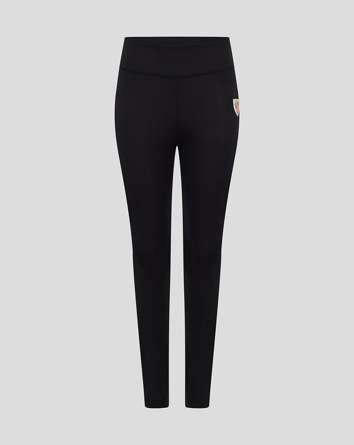 Black women's core leggings with a high waistband and small crest logo on the hip